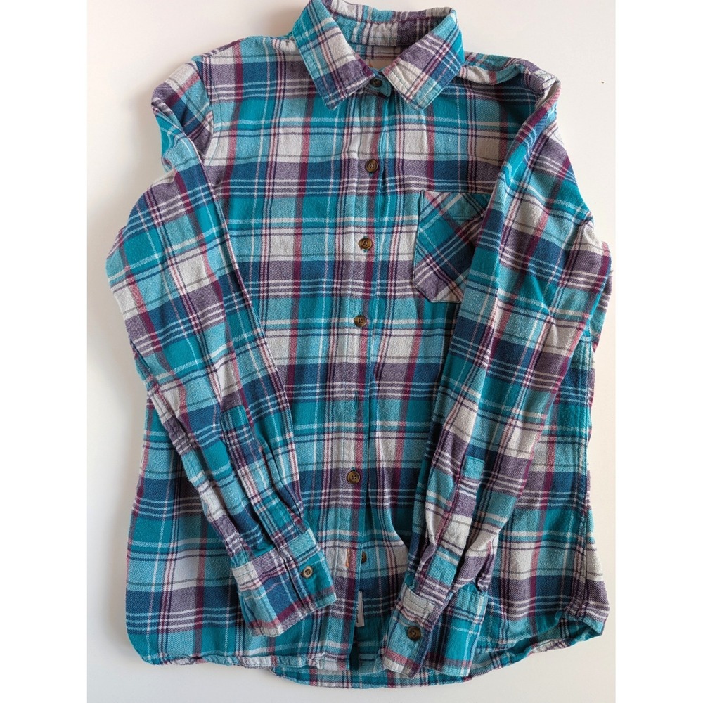 Field & Stream Womens Small Teal Purple Plaid Flannel Button Down Shirt SM